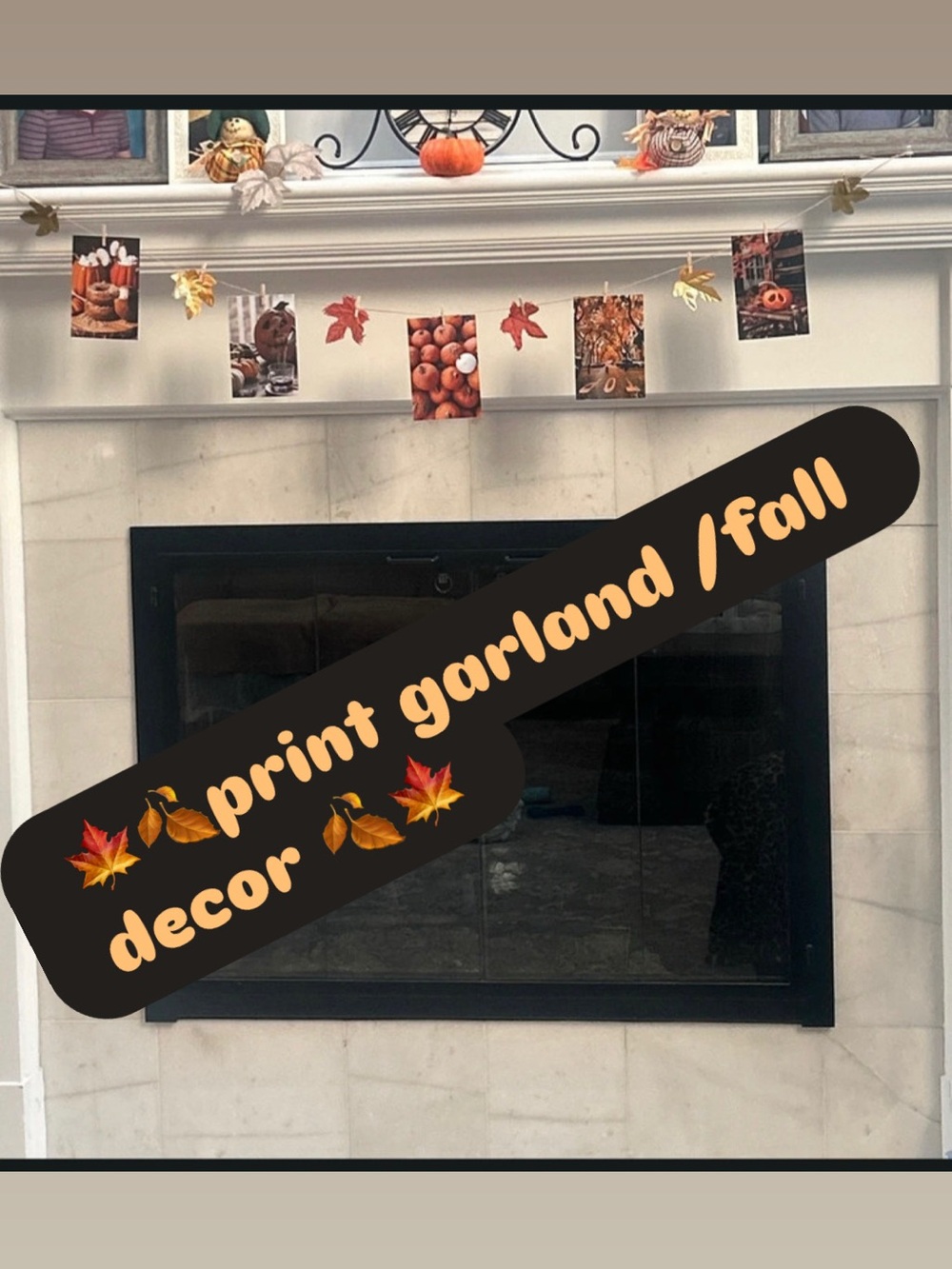 Fall Photo Garland String -Autumn Print Mantel Decor with set of 5 prints&leaves